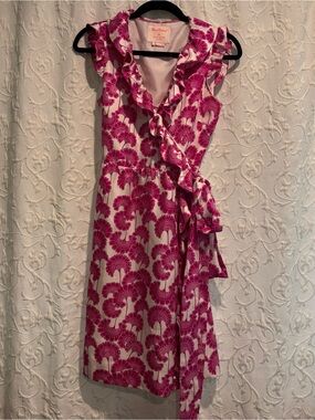 kate spade Pink and White Ruffled Wrap Midi Dress